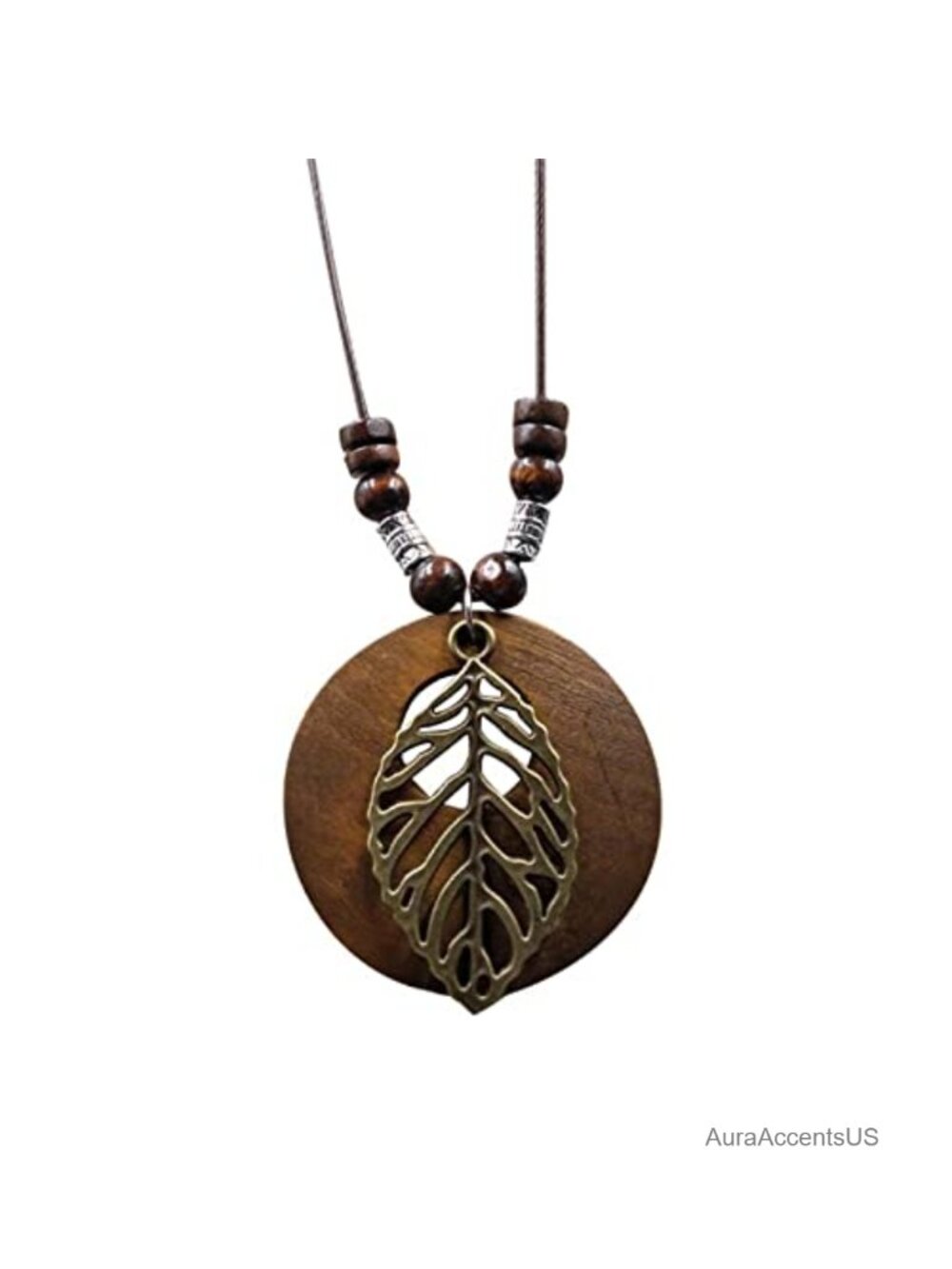 Handmade Wood Pendant Necklace Boho Long Adjustable Leather Chain Women